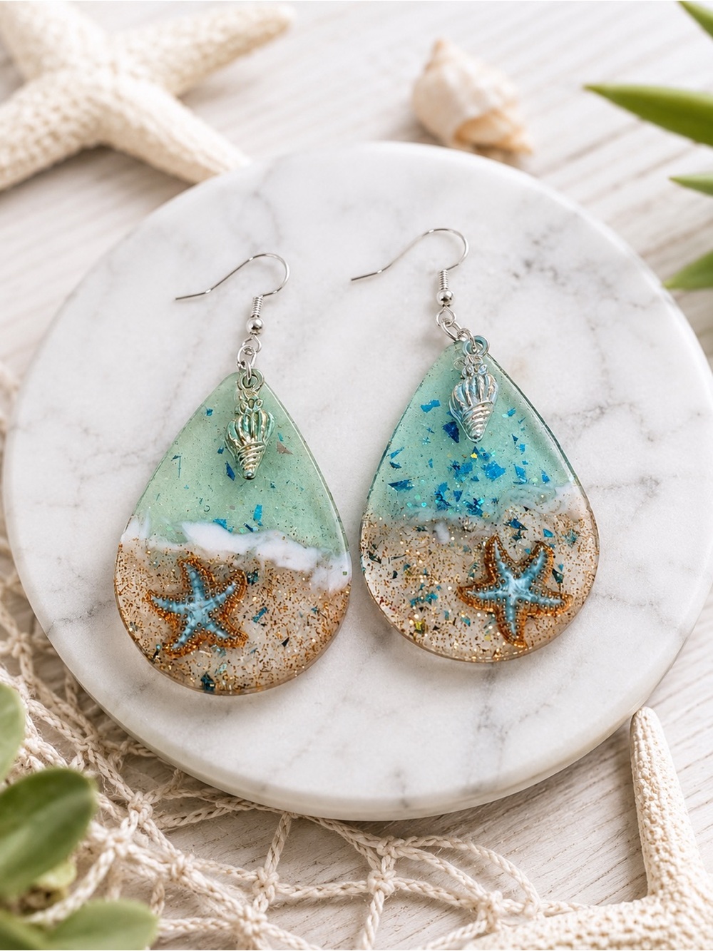 Beach Seashells Handmade Resin Teardrop Earrings